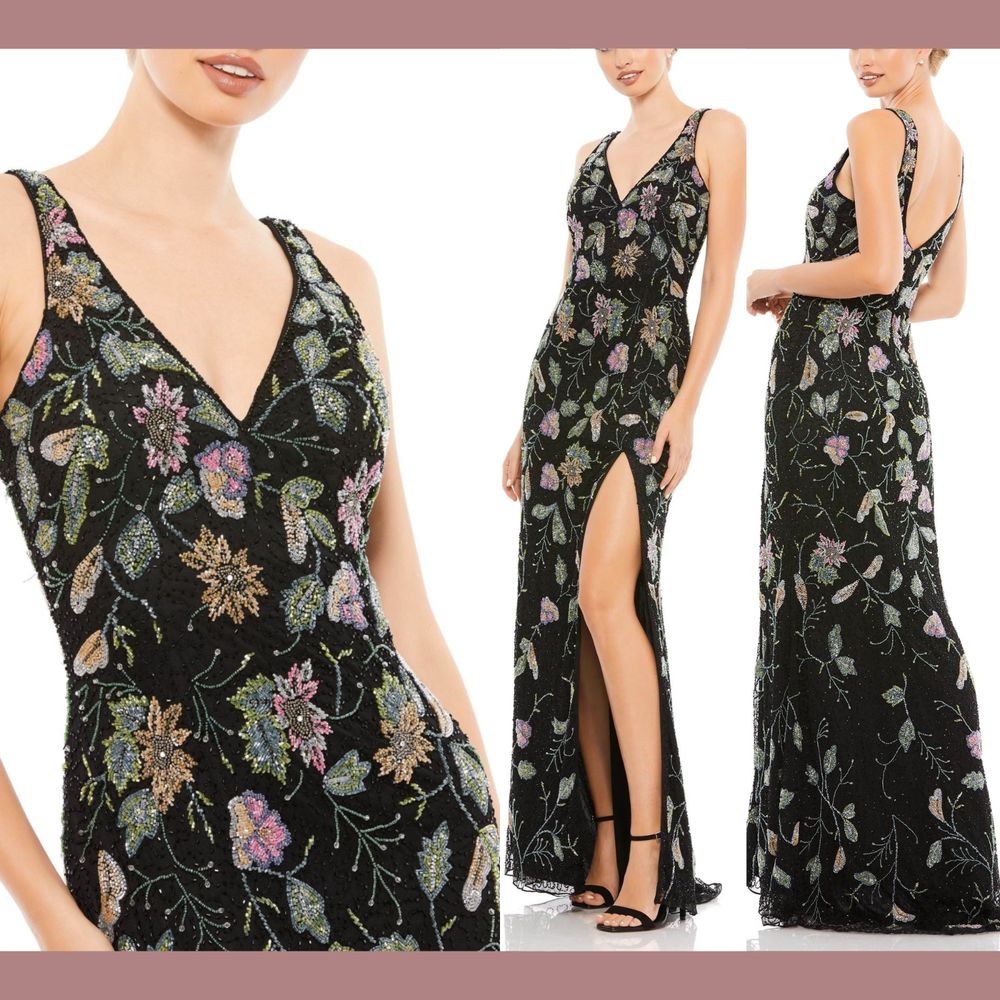 Nwt Mac Duggal [ 8 ] Fully Beaded Floral Sleeveless Column Gown Black Style 5313